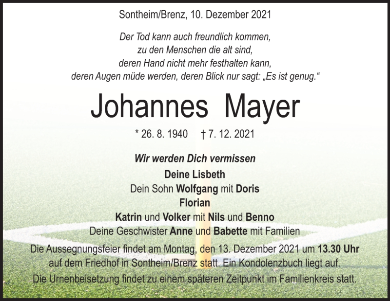  Traueranzeige für Johannes Mayer vom 10.12.2021 aus Heidenheimer Zeitung