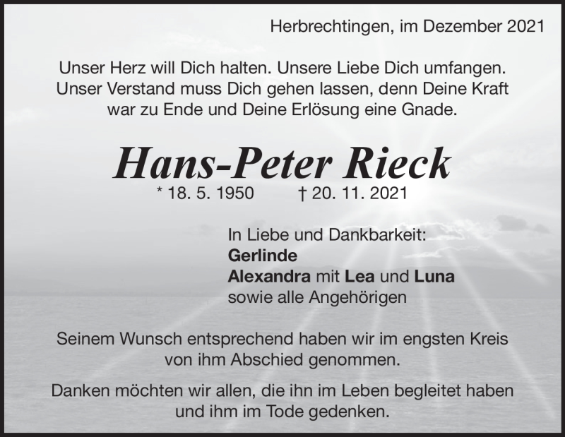  Traueranzeige für Hans-Peter Rieck vom 01.12.2021 aus Heidenheimer Zeitung