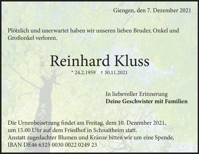  Traueranzeige für Reinhard Kluss vom 07.12.2021 aus Heidenheimer Zeitung