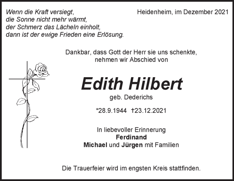  Traueranzeige für Edith Hilbert vom 29.12.2021 aus Heidenheimer Zeitung