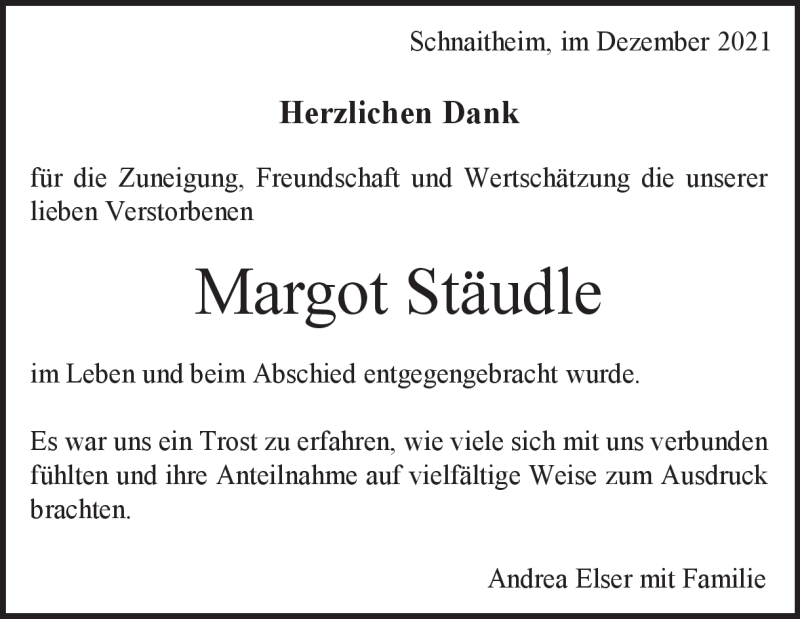  Traueranzeige für Margot Stäudle vom 04.12.2021 aus Heidenheimer Zeitung
