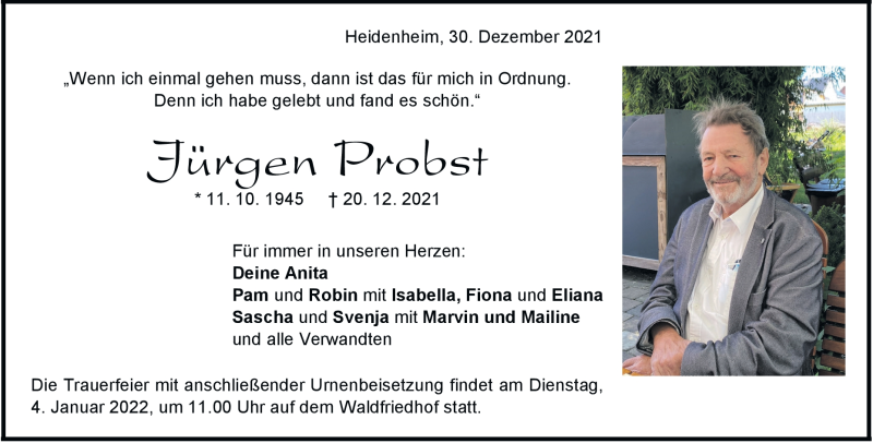  Traueranzeige für Jürgen Probst vom 30.12.2021 aus Heidenheimer Zeitung