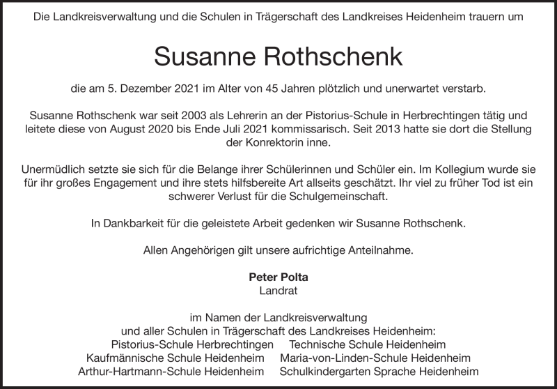  Traueranzeige für Susanne Rothschenk vom 11.12.2021 aus Heidenheimer Zeitung