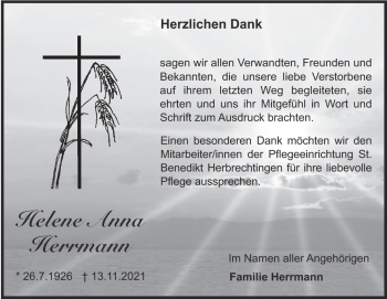 Traueranzeige von Helene Herrmann von Heidenheimer Zeitung