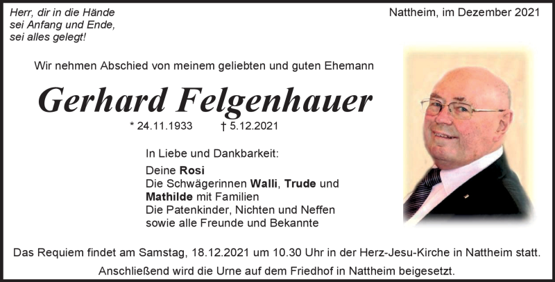  Traueranzeige für Gerhard Felgenhauer vom 14.12.2021 aus Heidenheimer Zeitung