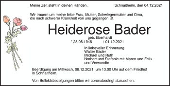 Traueranzeige von Heiderose Bader von Heidenheimer Zeitung