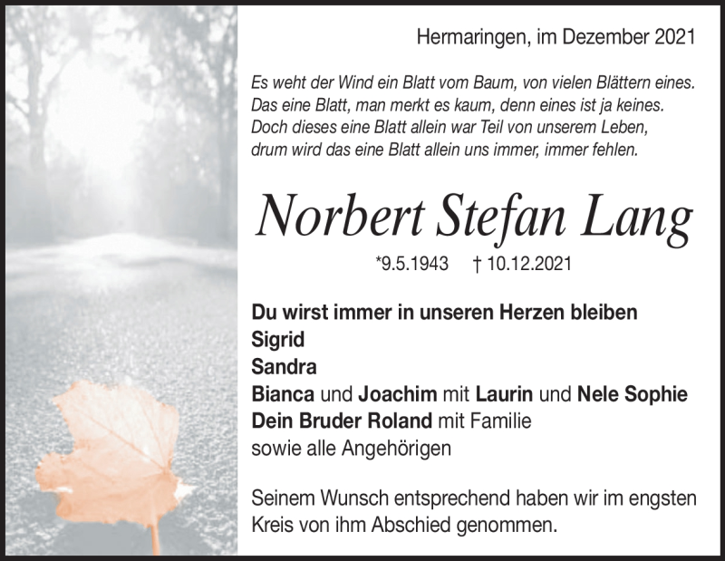  Traueranzeige für Norbert Lang vom 18.12.2021 aus Heidenheimer Zeitung