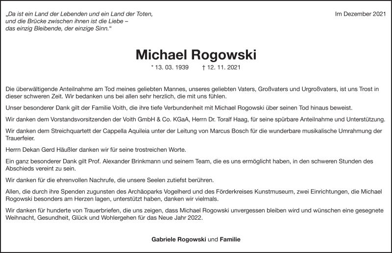  Traueranzeige für Michael Rogowski vom 18.12.2021 aus Heidenheimer Zeitung