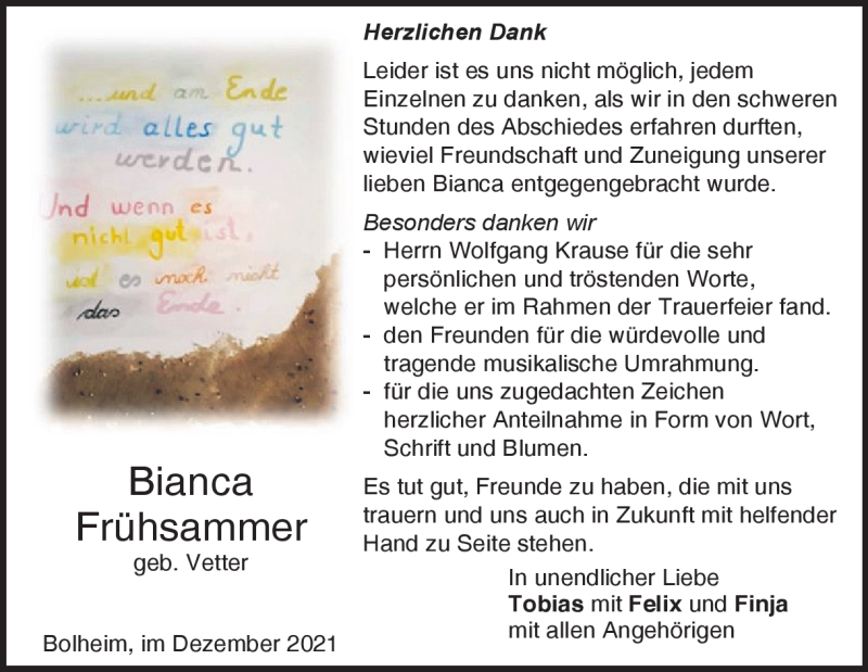  Traueranzeige für Bianca Frühsammer vom 18.12.2021 aus Heidenheimer Zeitung
