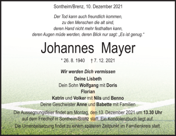 Traueranzeige von Johannes Mayer von Heidenheimer Zeitung