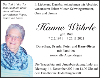 Traueranzeige von Hanne Wöhrle von Heidenheimer Zeitung