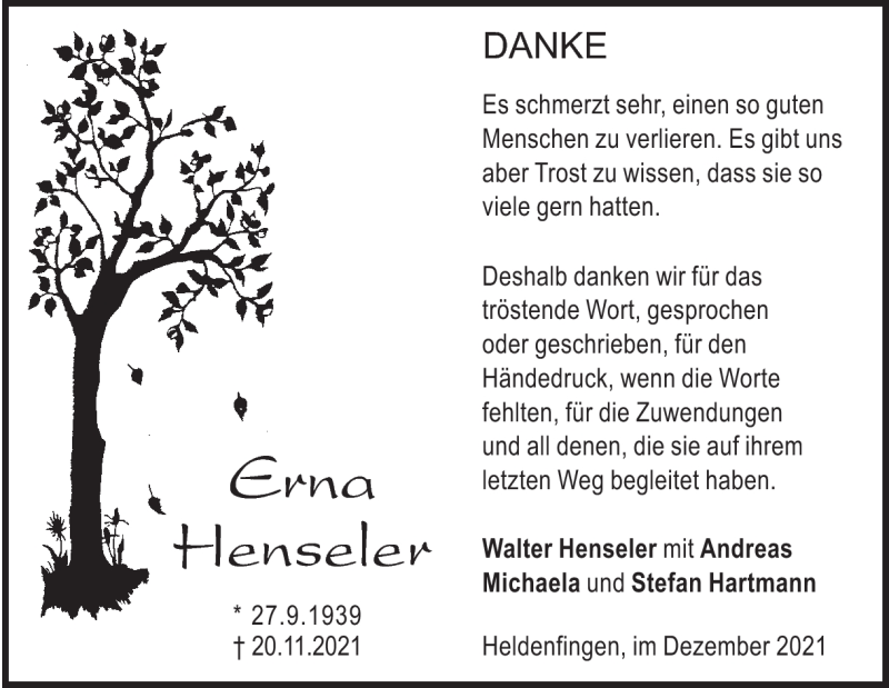  Traueranzeige für Erna Henseler vom 11.12.2021 aus Heidenheimer Zeitung