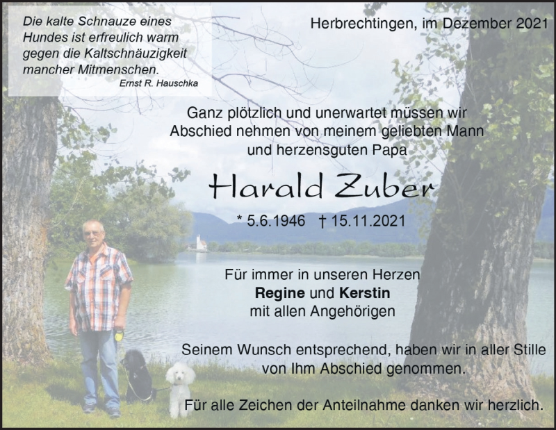  Traueranzeige für Harald Zuber vom 04.12.2021 aus Heidenheimer Zeitung
