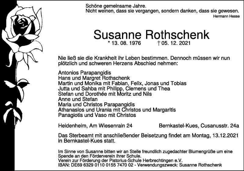  Traueranzeige für Susanne Rothschenk vom 11.12.2021 aus Heidenheimer Zeitung