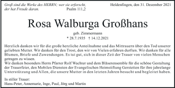 Traueranzeige von Rosa Walburga Großhans von Heidenheimer Zeitung