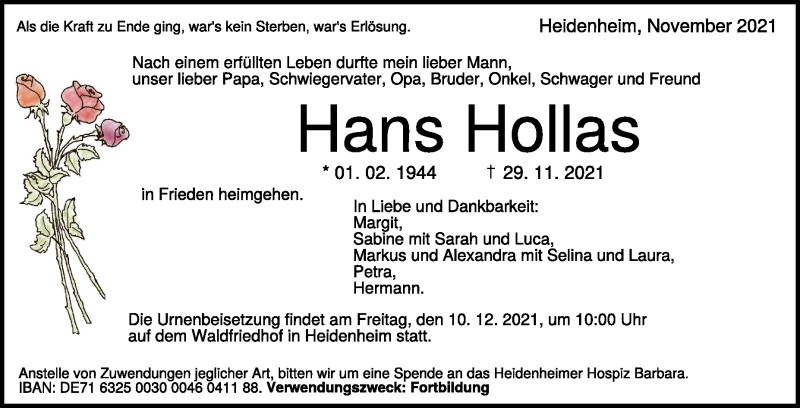  Traueranzeige für Hans Hollas vom 04.12.2021 aus Heidenheimer Zeitung