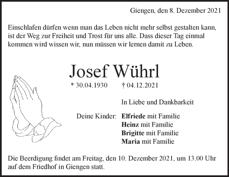  Traueranzeige für Josef Wührl vom 08.12.2021 aus Heidenheimer Zeitung