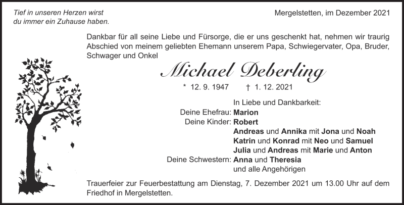  Traueranzeige für Michael Deberling vom 03.12.2021 aus Heidenheimer Zeitung