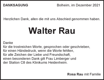 Traueranzeige von Walter Rau von Heidenheimer Zeitung