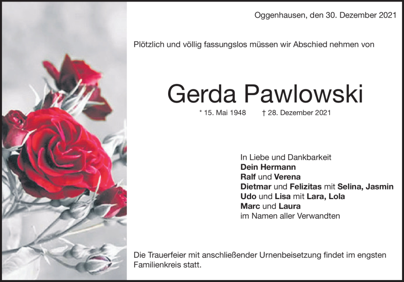  Traueranzeige für Gerda Pawlowski vom 30.12.2021 aus Heidenheimer Zeitung