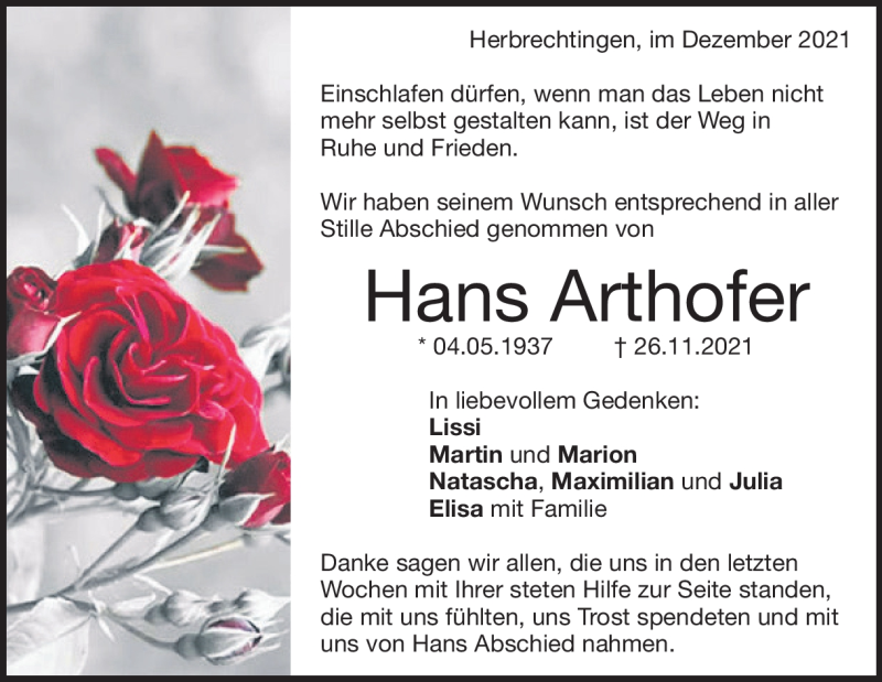  Traueranzeige für Hans Arthofer vom 09.12.2021 aus Heidenheimer Zeitung