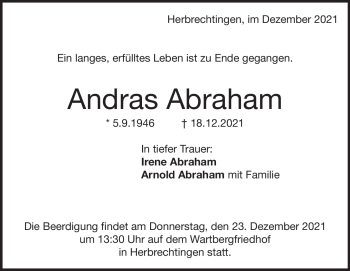 Traueranzeige von Andras Abraham von Heidenheimer Zeitung