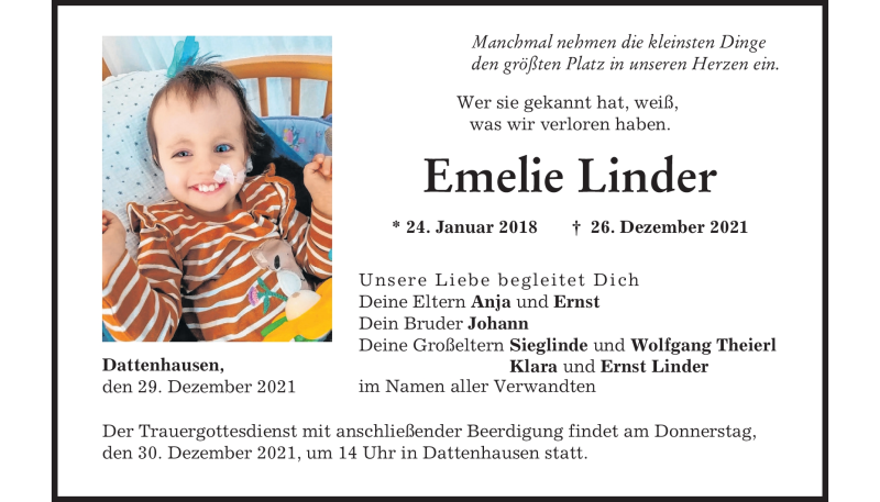  Traueranzeige für Emelie Linder vom 29.12.2021 aus Heidenheimer Zeitung