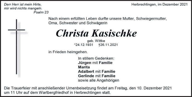  Traueranzeige für Christa Kasischke vom 04.12.2021 aus Heidenheimer Zeitung
