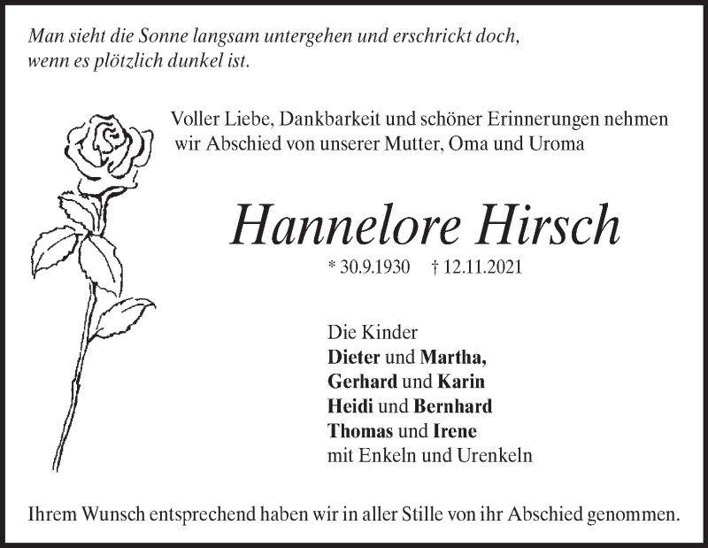  Traueranzeige für Hannelore Hirsch vom 03.12.2021 aus Heidenheimer Zeitung