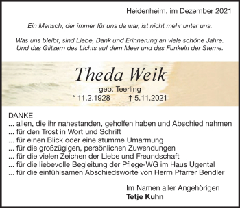 Traueranzeige von Theda Weik von Heidenheimer Zeitung
