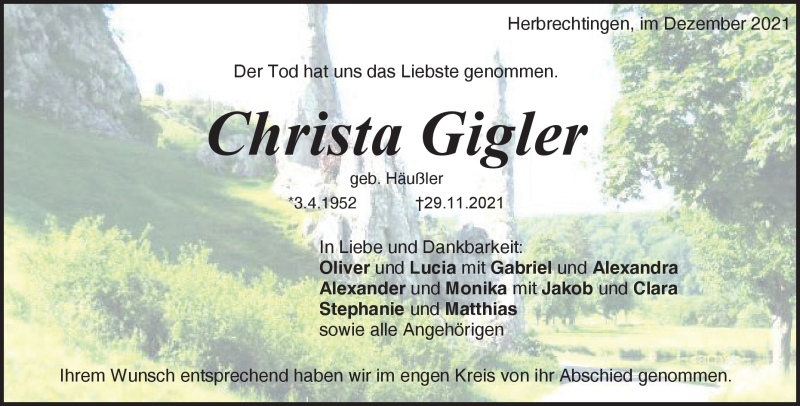  Traueranzeige für Christa Gigler vom 21.12.2021 aus Heidenheimer Zeitung