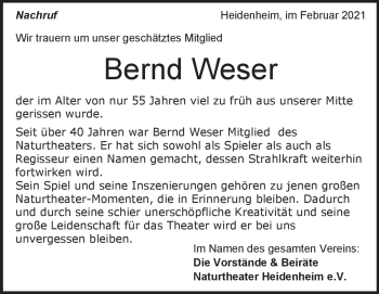 Traueranzeige von Bernd Weser von Heidenheimer Zeitung