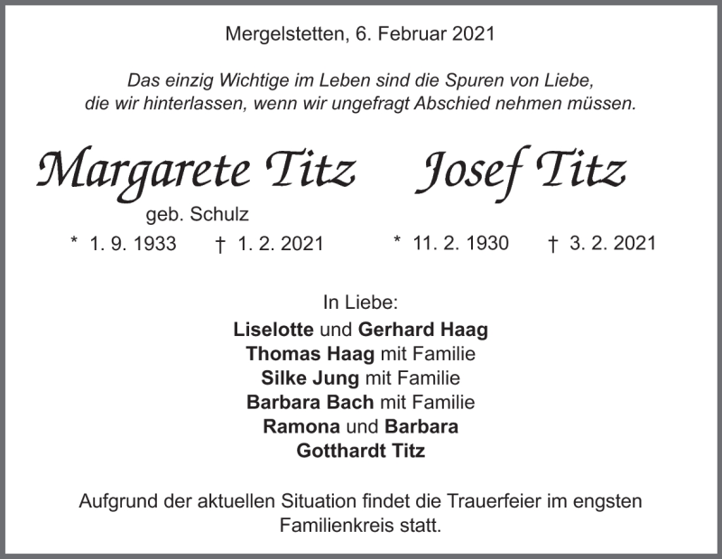  Traueranzeige für Margarete Titz vom 06.02.2021 aus Heidenheimer Zeitung