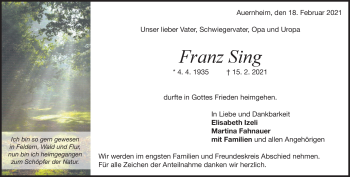 Traueranzeige von Franz  Sing von Heidenheimer Zeitung