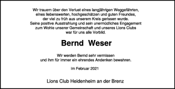 Traueranzeige von Bernd Weser von Heidenheimer Zeitung