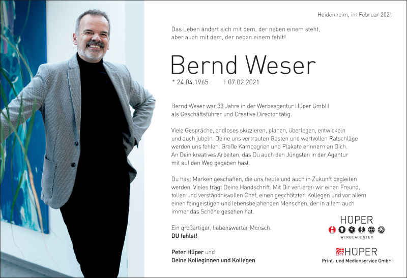  Traueranzeige für Bernd Weser vom 12.02.2021 aus Heidenheimer Zeitung