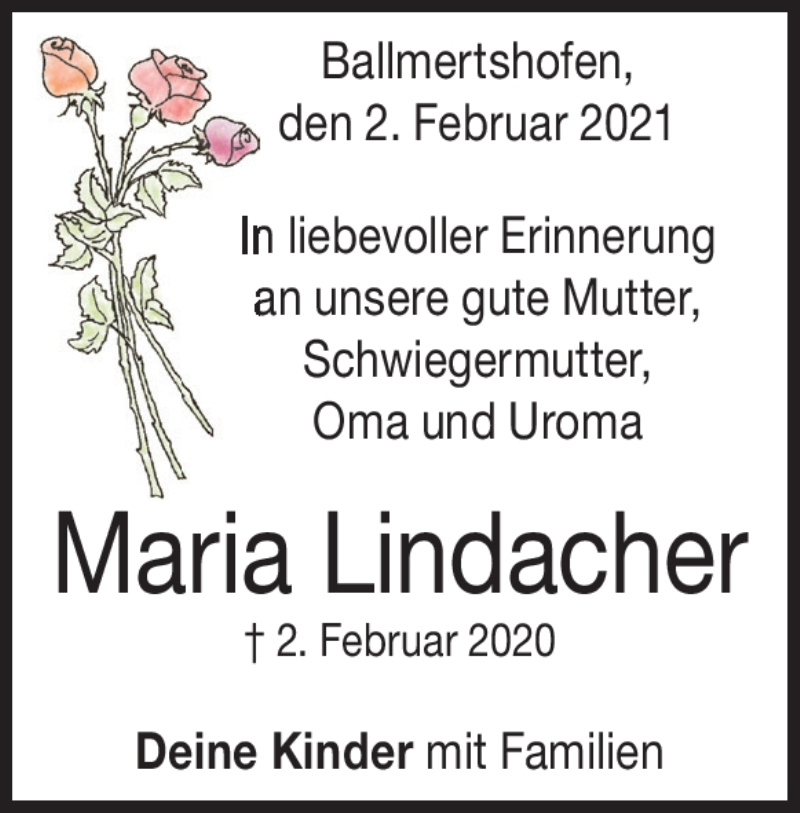  Traueranzeige für Maria Lindacher vom 02.02.2021 aus Heidenheimer Zeitung