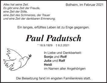 Traueranzeige von Paul Padutsch von Heidenheimer Zeitung