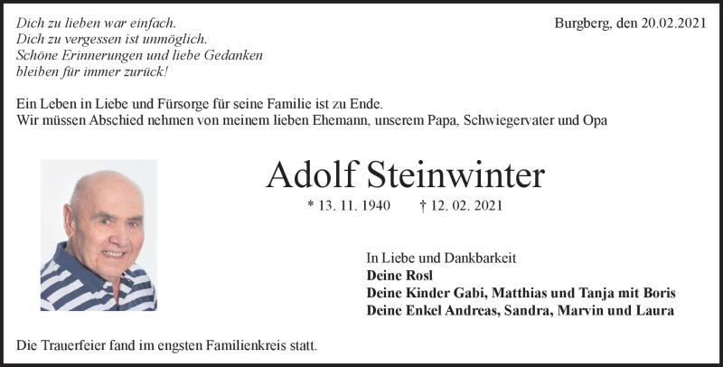  Traueranzeige für Adolf Steinwinter vom 20.02.2021 aus Heidenheimer Zeitung