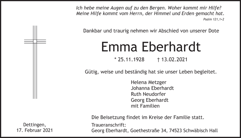  Traueranzeige für Emma Eberhardt vom 17.02.2021 aus Heidenheimer Zeitung