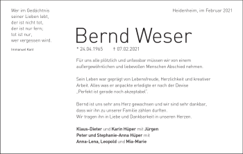 Traueranzeige von Bernd Weser von Heidenheimer Zeitung