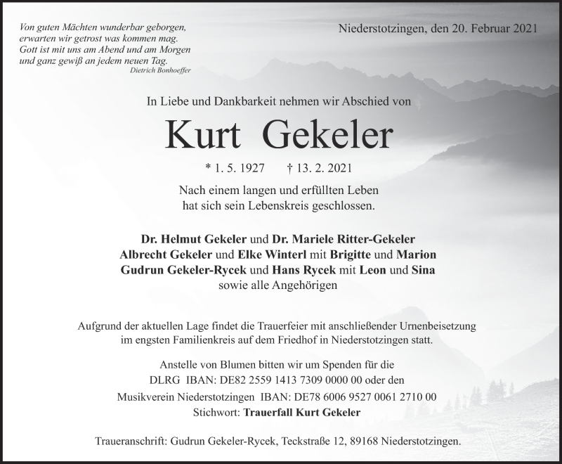  Traueranzeige für Kurt Gekeler vom 20.02.2021 aus Heidenheimer Zeitung