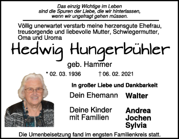 Traueranzeige von Hedwig Hungerbühler von Heidenheimer Zeitung