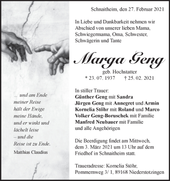 Traueranzeige von Marga Geng von Heidenheimer Zeitung