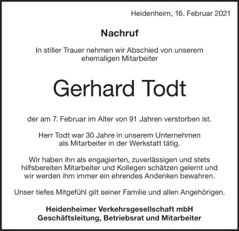 Traueranzeige von Gerhard Todt von Heidenheimer Zeitung