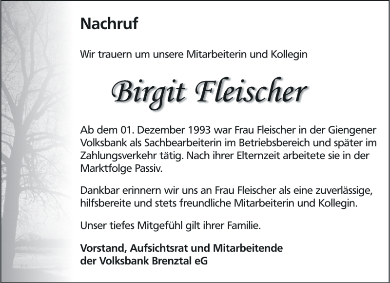  Traueranzeige für Birgit Fleischer vom 24.02.2021 aus Heidenheimer Zeitung