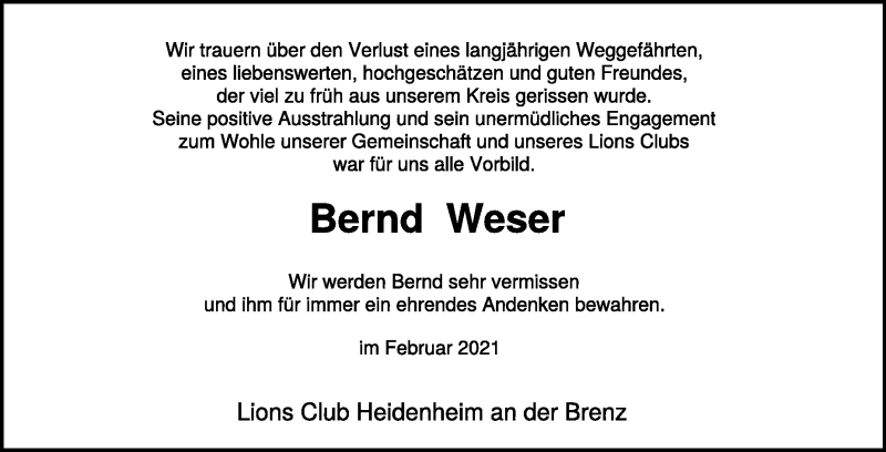  Traueranzeige für Bernd Weser vom 13.02.2021 aus Heidenheimer Zeitung