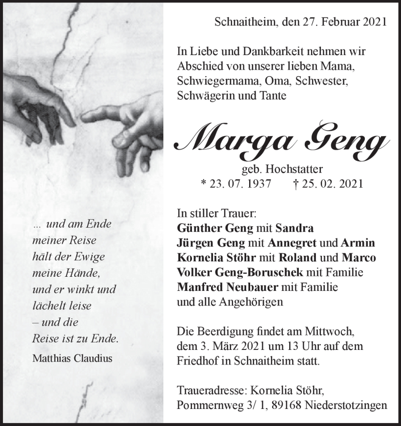  Traueranzeige für Marga Geng vom 27.02.2021 aus Heidenheimer Zeitung