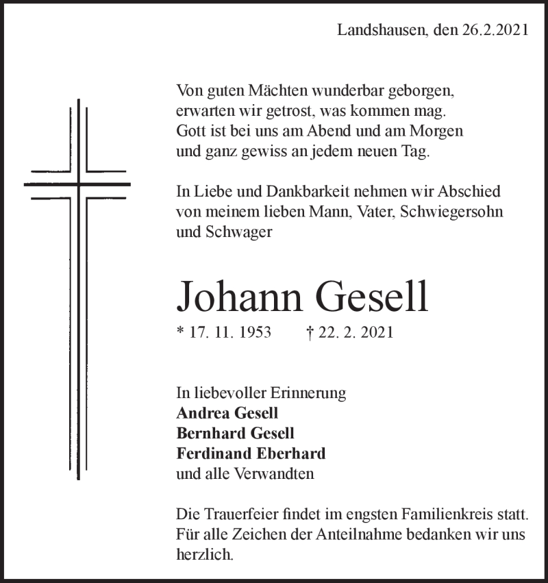  Traueranzeige für Johann Gesell vom 26.02.2021 aus Heidenheimer Zeitung