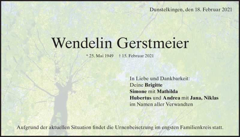  Traueranzeige für Wendelin Gerstmeier vom 18.02.2021 aus Heidenheimer Zeitung
